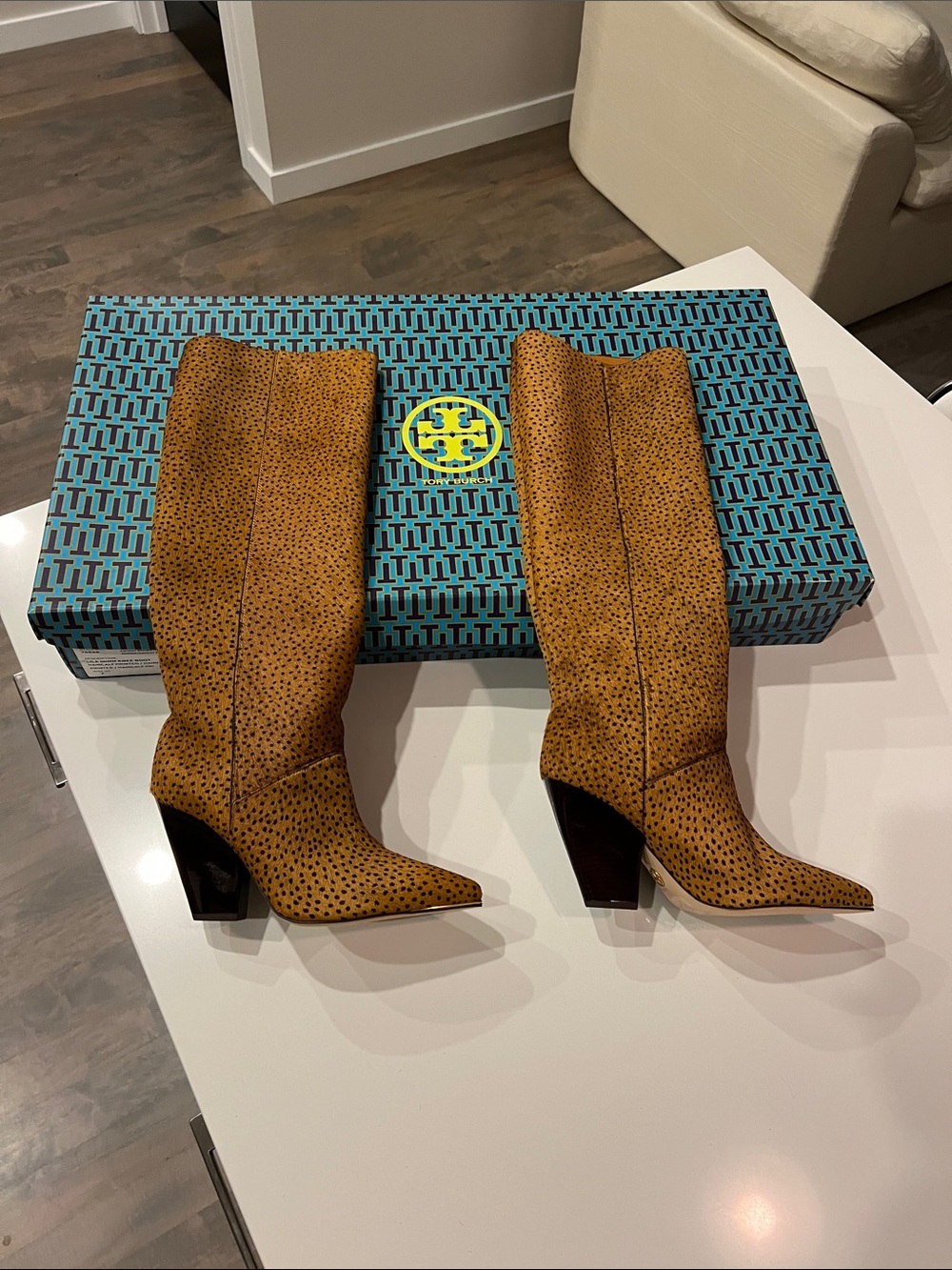 Tory Burch lila 90mm knee boot hair calf animal tan and black spotted printed 7